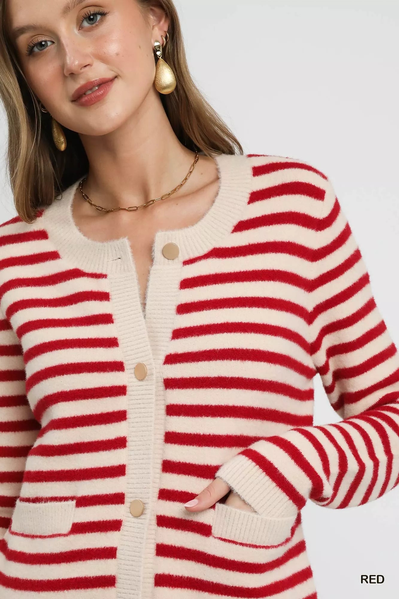 Umgee Striped Knit Button-Up Cardigan OutfitFlow