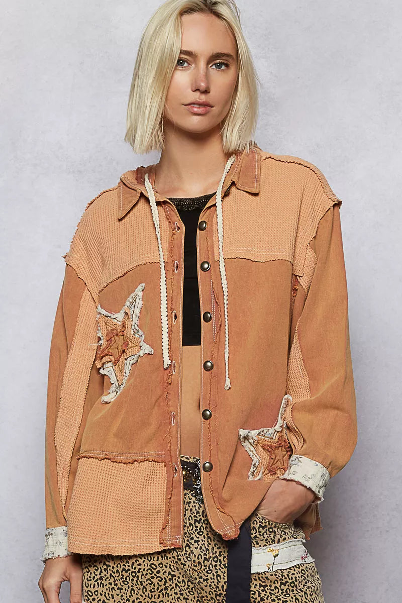 POL Button Down Hooded Jacket with with Star Patch Pattern BURNT SIENNA OutfitFlow