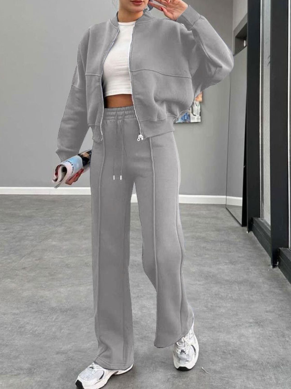 Outfit Flow - Baseball Collar Zip Up Outerwear and Drawstring Pants Set