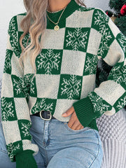 Christmas Snowflake Checkered Round Neck Sweater Green OutfitFlow