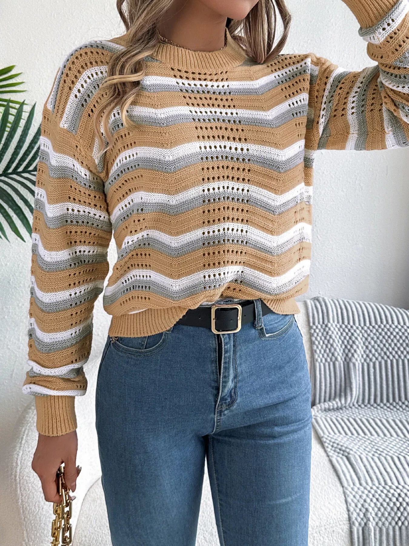 Striped Round Neck Long Sleeve Sweater OutfitFlow