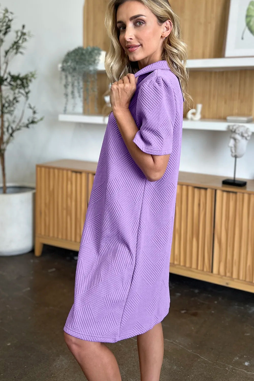 Double Take Full Size Texture Collared Neck Short Sleeve Dress OutfitFlow