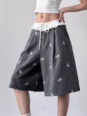 Bow Print Wide Leg Shorts with Contrast Ruffle Waistband OutfitFlow