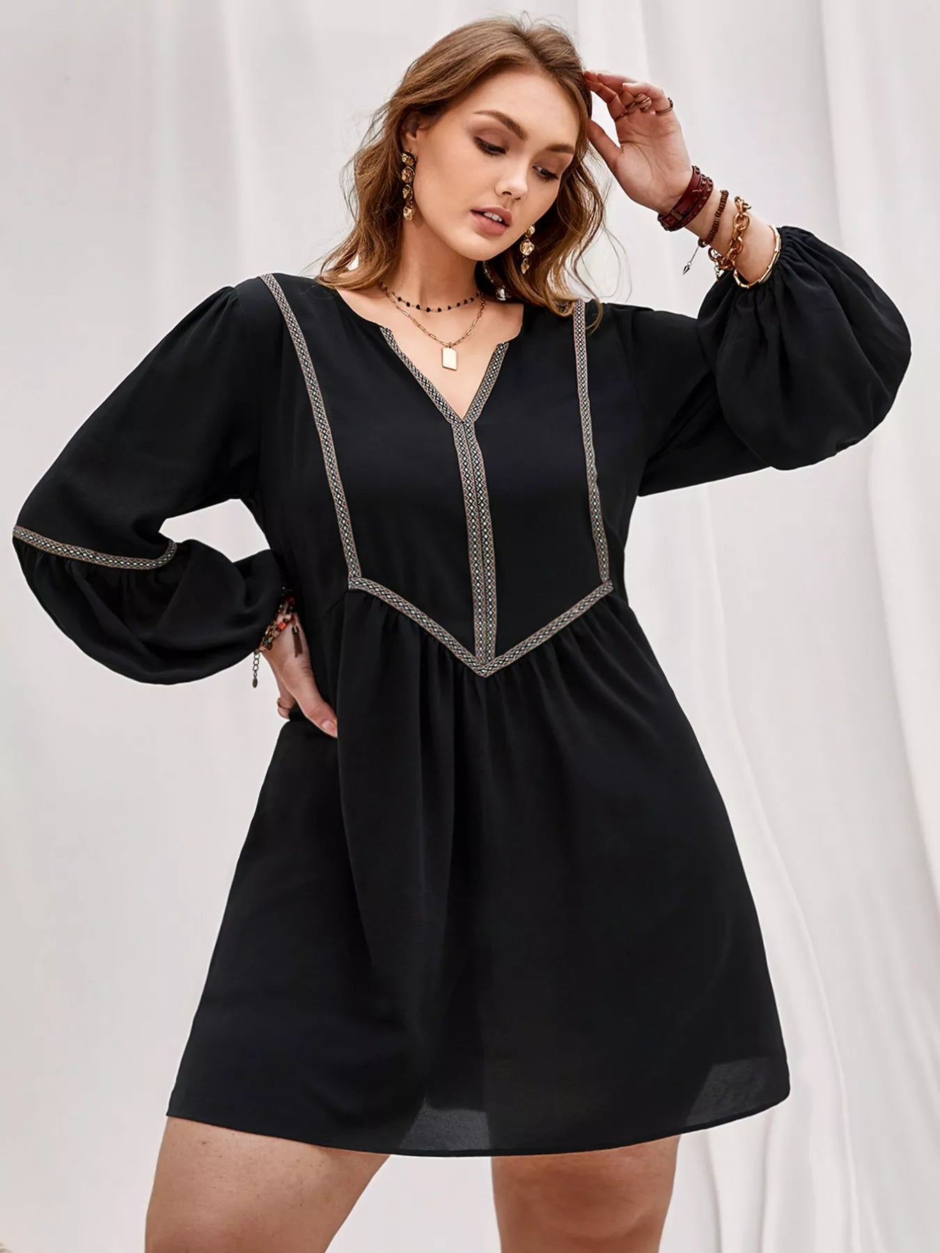 Plus Size Notched Balloon Sleeve Mini Dress OutfitFlow