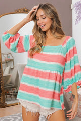 BiBi Stripe Printed Bubble Woven Balloon Sleeves Top JADE CORAL OutfitFlow