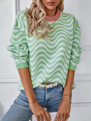 Wavy Striped Round Neck Sweater Trendsi