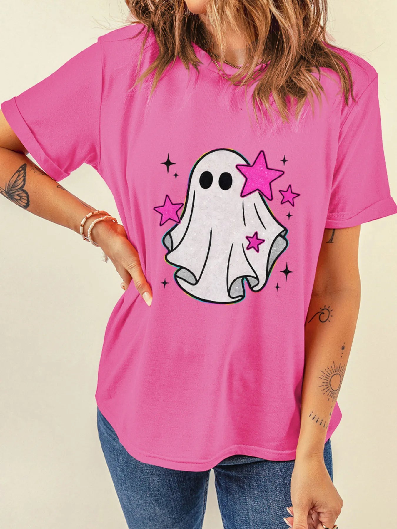 Ghost Graphic Halloween Round Neck T Shirt OutfitFlow