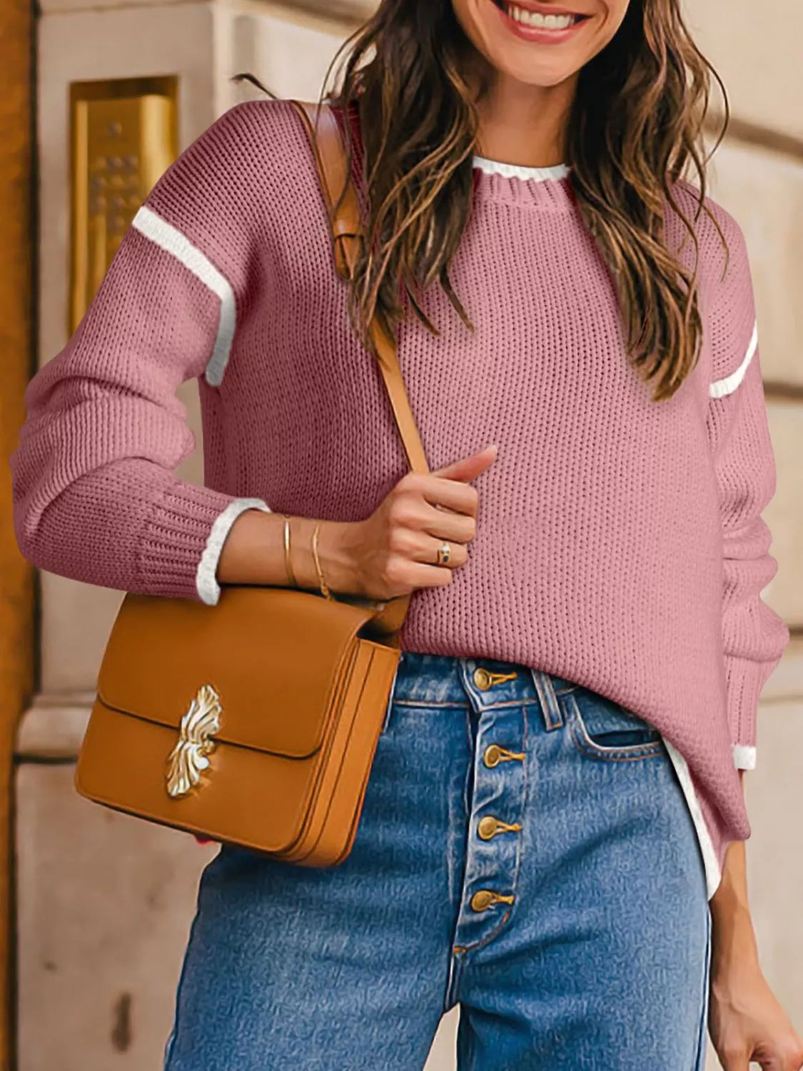 Contrast Trim Round Neck Sweater OutfitFlow