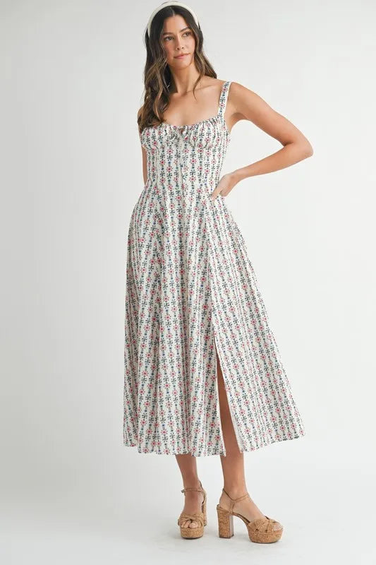 MABLE Floral Print Bustier Back Lace Up Midi Dress OutfitFlow