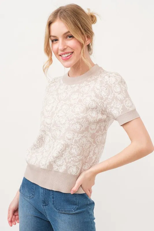 And The Why Short Sleeve Rose Pattern Knit Top OutfitFlow
