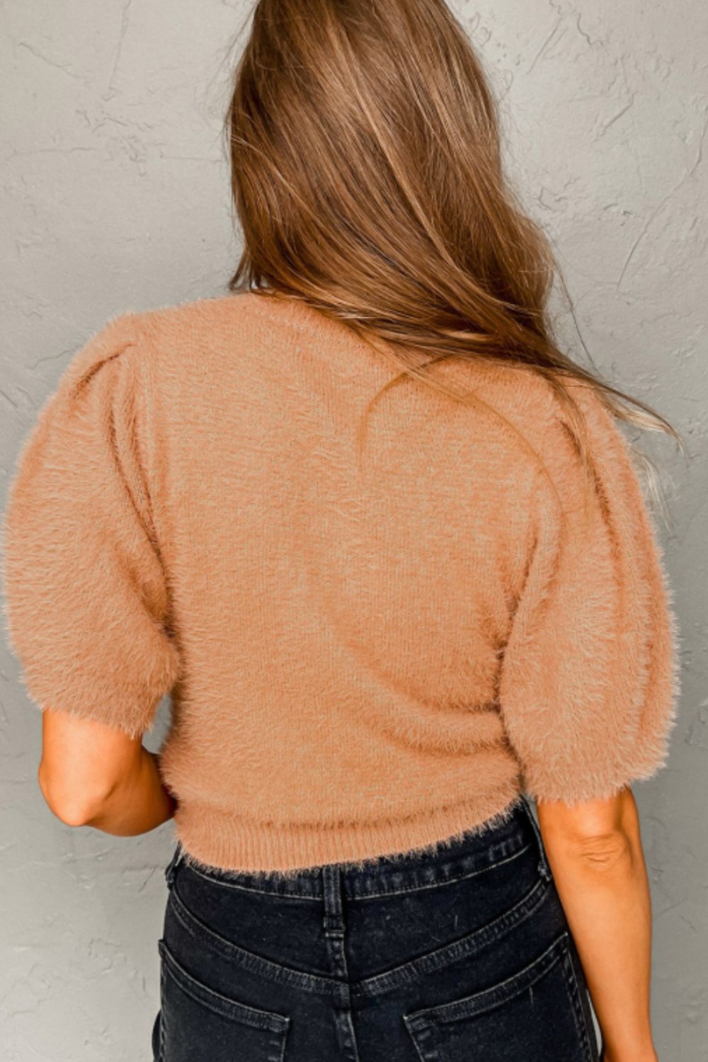 Outfit Flow - Fuzzy Round Neck Half Sleeve Sweater