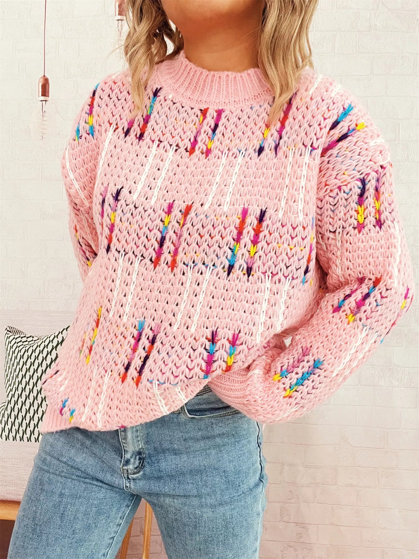 Colorful Round Neck Long Sleeve Sweater OutfitFlow