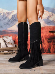 Fringe Point Toe Block Heels Boots Black OutfitFlow