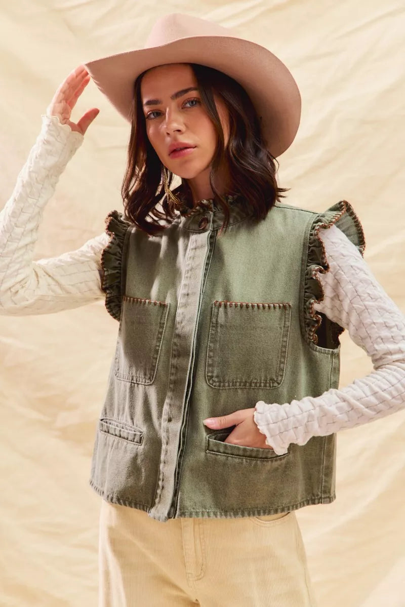 SO ME Washed Denim Stitch Ruffled Hidden Button Vest Top OutfitFlow
