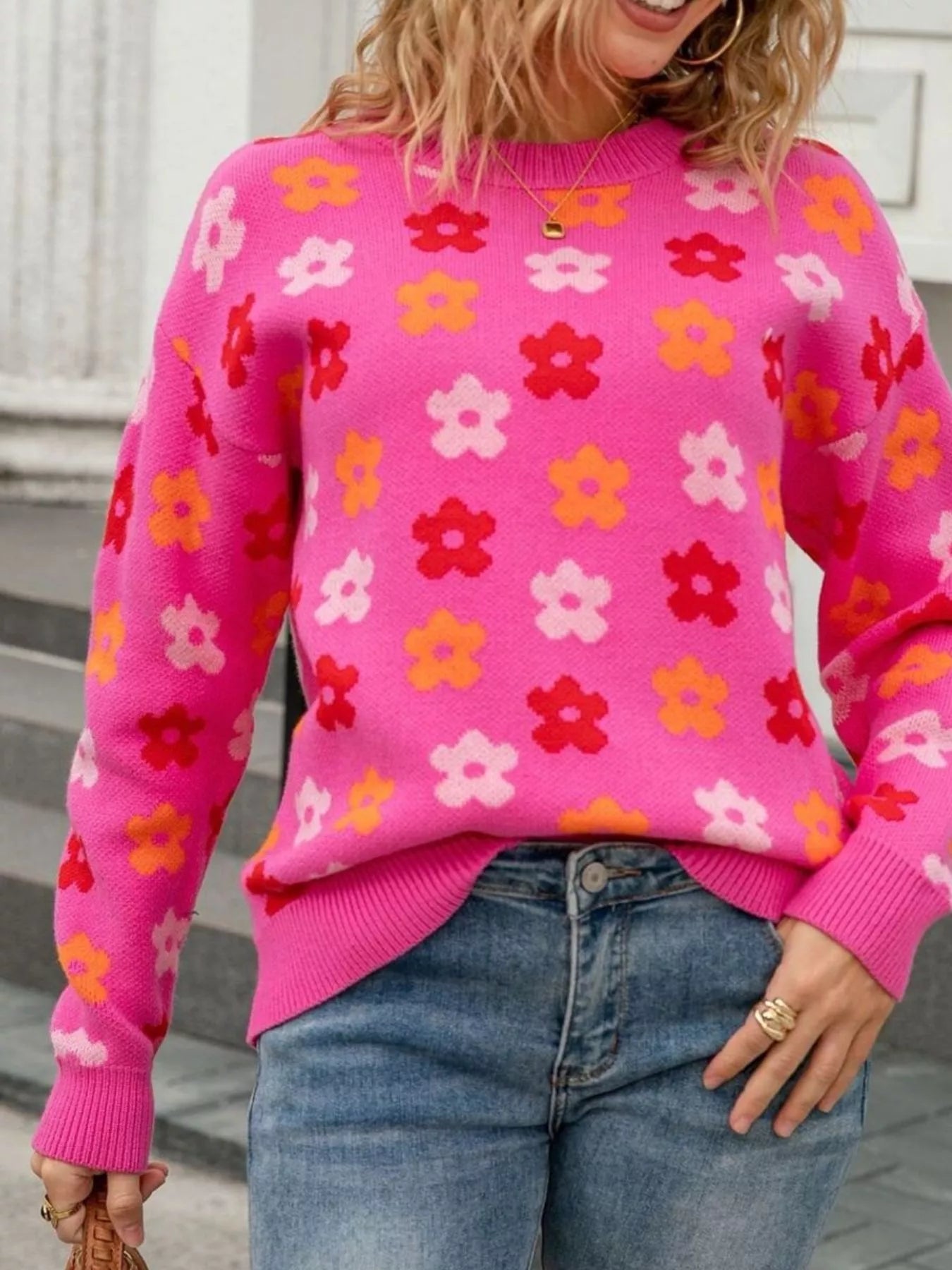 Floral Crew Neck Sweater Trendsi