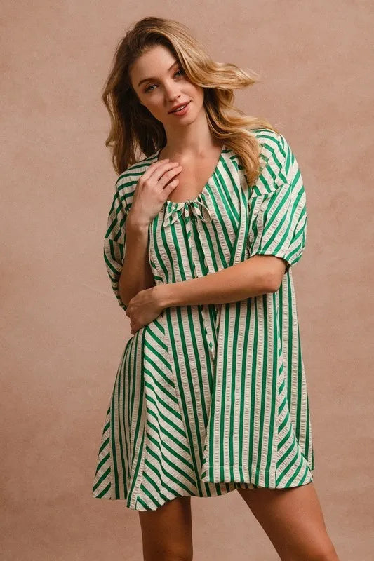 BiBi Puffy Sleeves Romper with Back Button Closure OutfitFlow