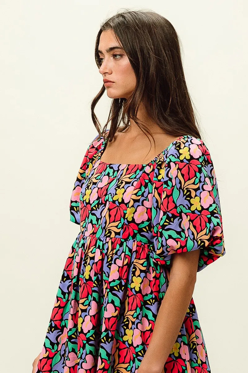 BiBi Floral Print Puff Square Neck Dress OutfitFlow