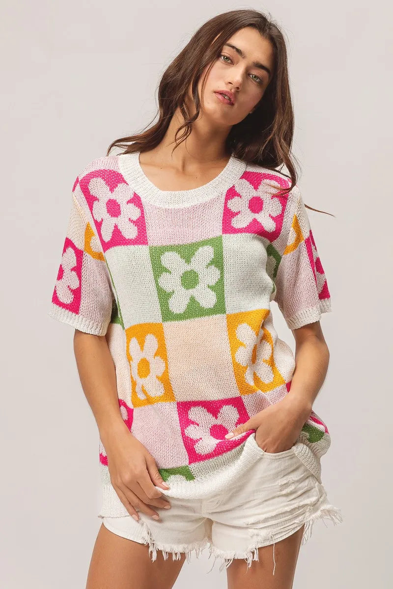 BiBi Flower Checker Pattern Lightweight Sweater Top OutfitFlow