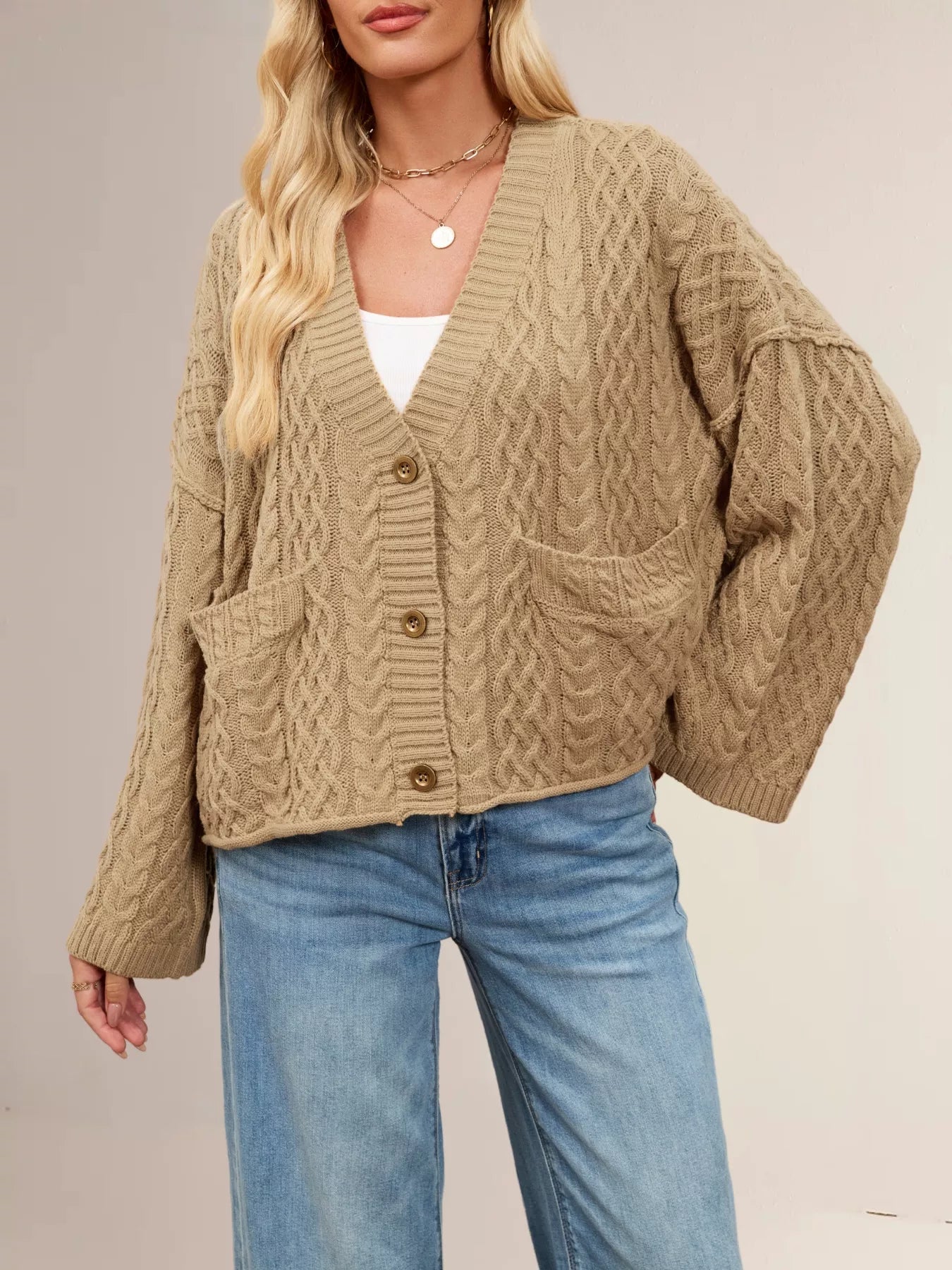 Cable Knit Button-Down Cardigan Khaki OutfitFlow