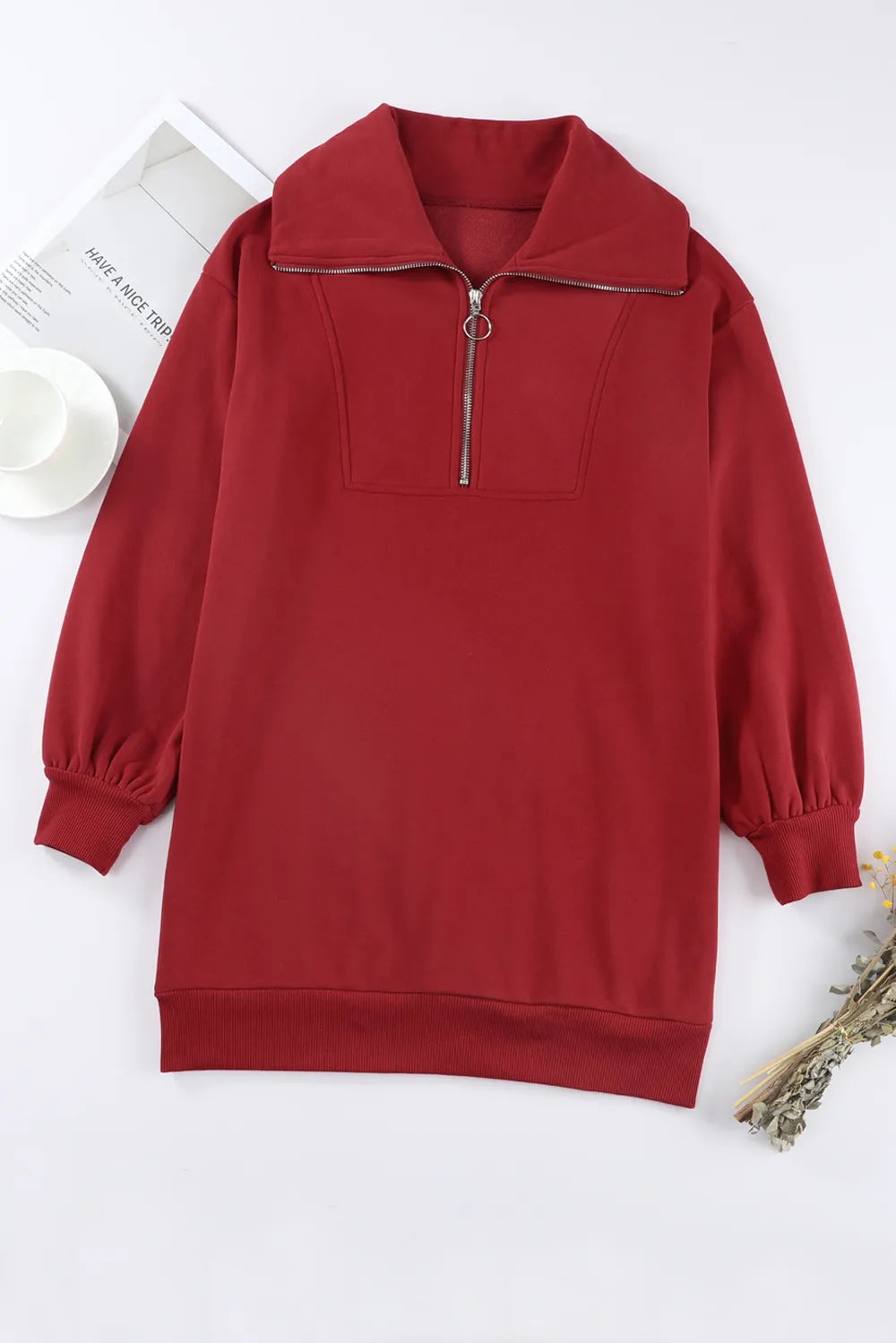 Half Zip Dropped Shoulder Mini Sweatshirt Dress OutfitFlow