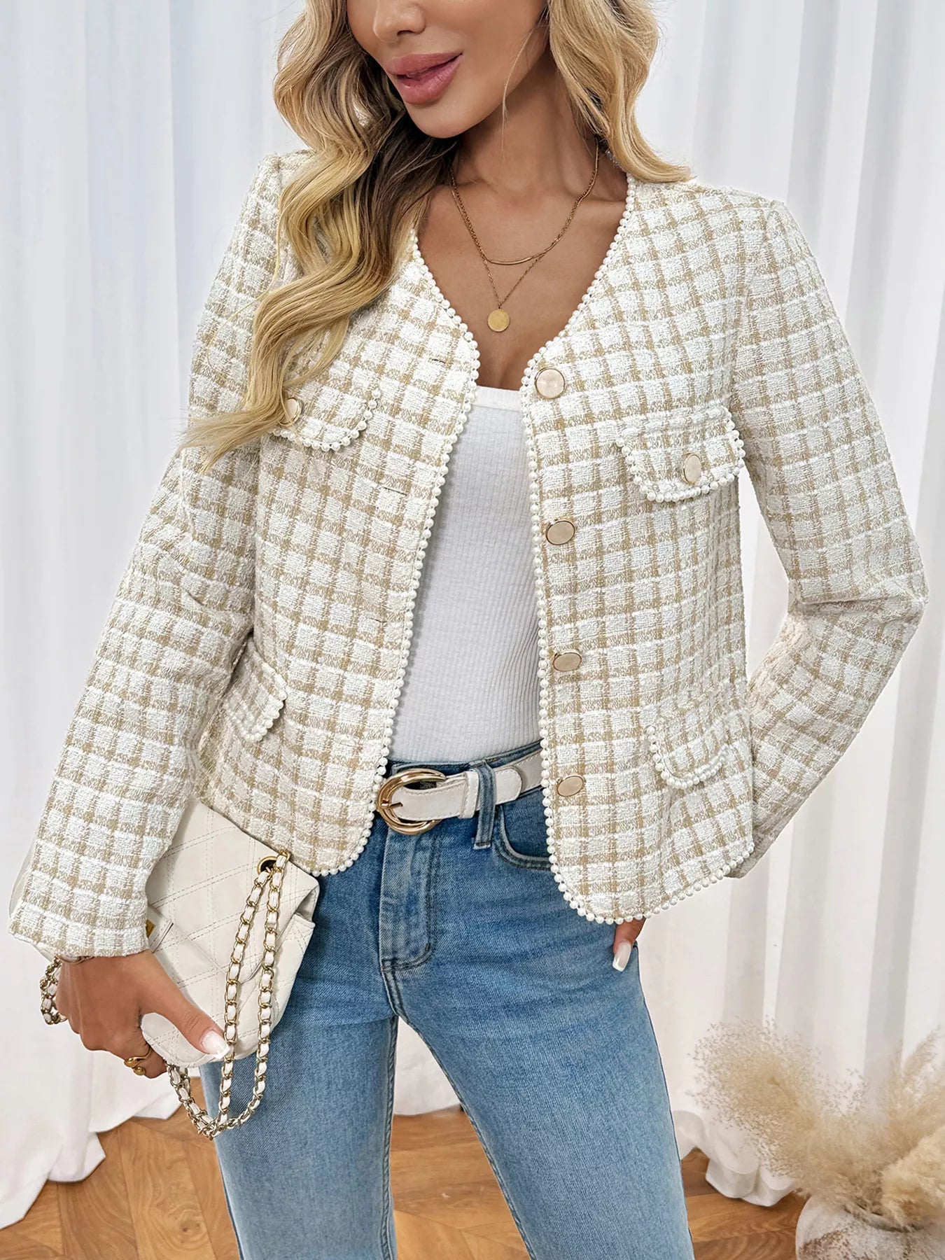Plaid Button-Front Long Sleeve Outerwear Trendsi