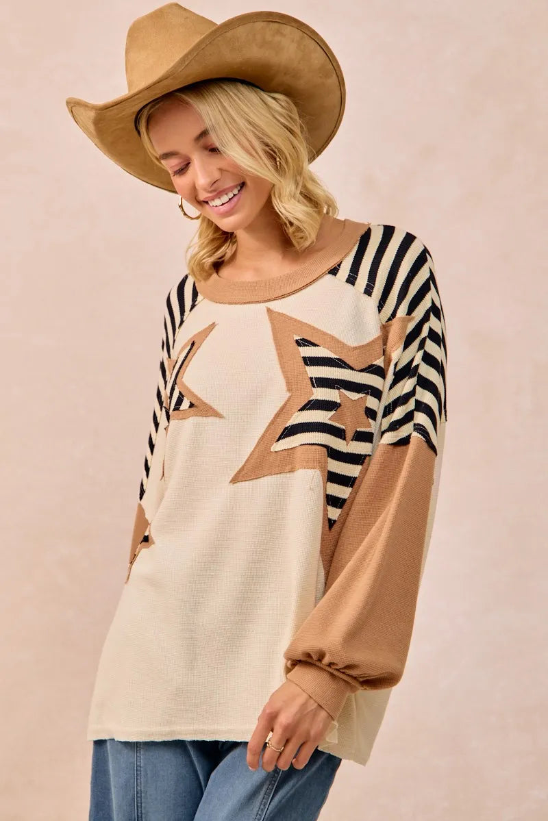 BiBi Star Patchwork Mixed Long Sleeve Top OutfitFlow