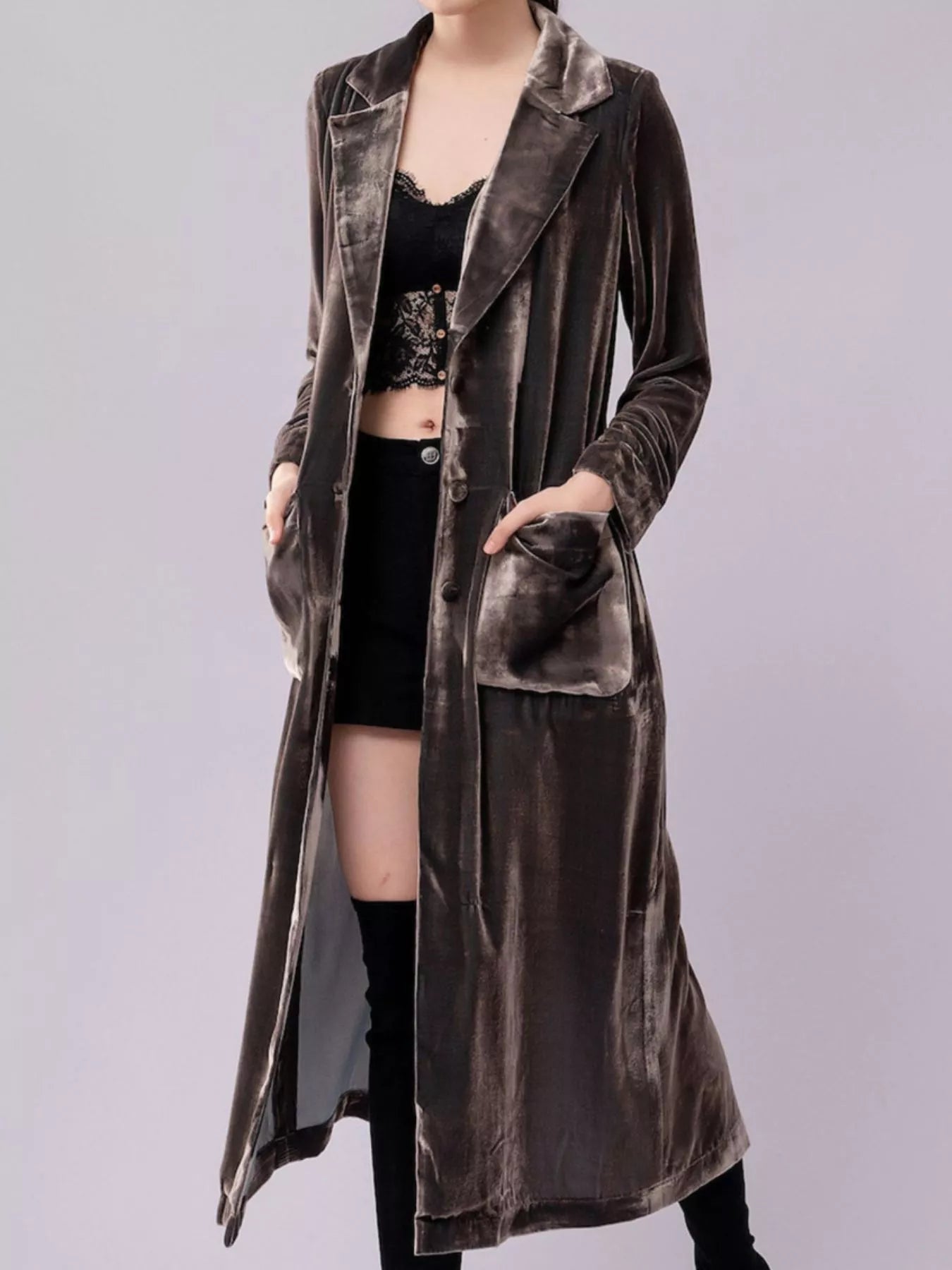 Velvet Lapel Collar Longline Coat Trendsi