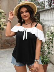 Plus Size Ruffled Contrast Short Sleeve Blouse OutfitFlow