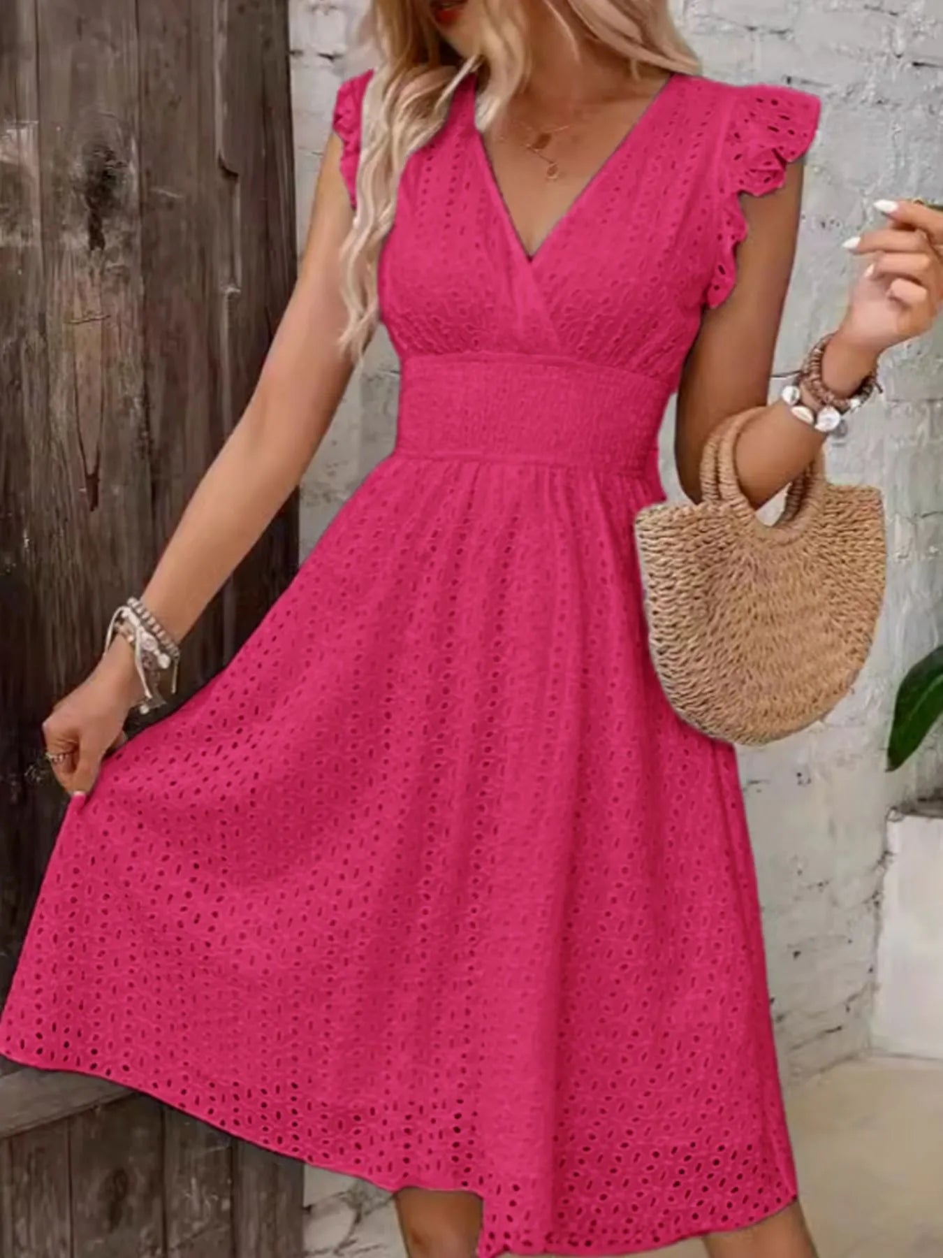Eyelet Ruffled Cap Sleeve Mini Dress OutfitFlow