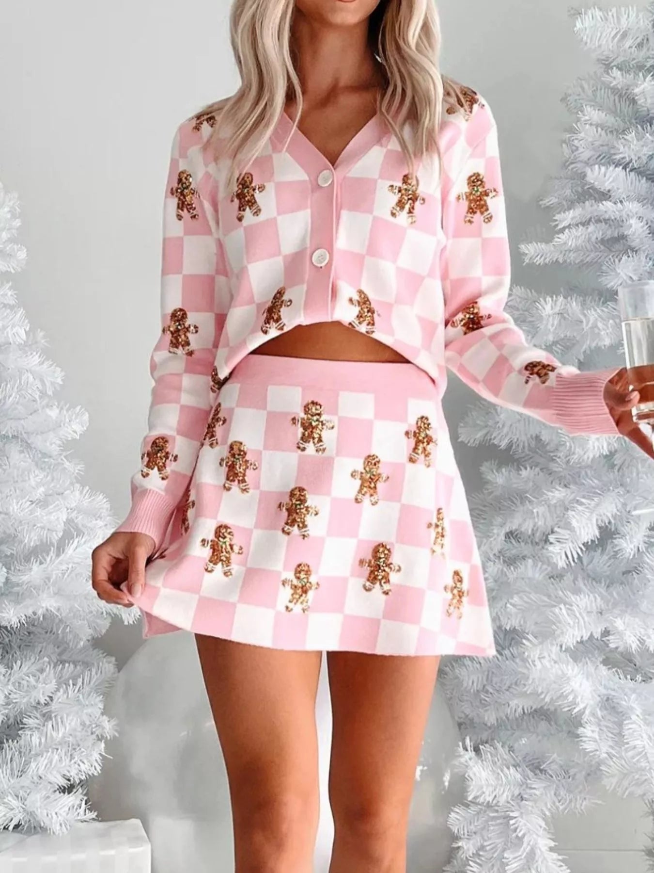 Gingerbread Checkered Cardigan and Skirt Sweater Set OutfitFlow