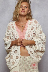 POL Openwork V-Neck Chenille Cardigan with Contrast Floral OutfitFlow