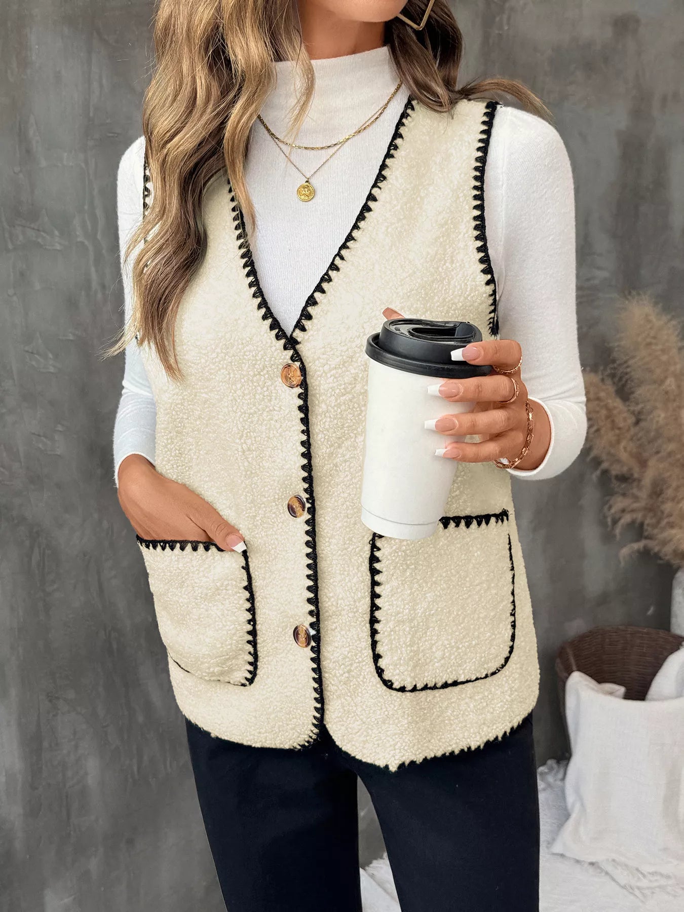 V-Neck Button Up Vest Coat Trendsi