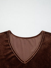 Solid Color Velvet V Neck Long Sleeve Tiered Mini Dress Trendsi