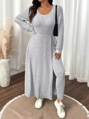 Plus Size Ribbed Knit Long Sleeve Split Dress & Leggings Set OutfitFlow