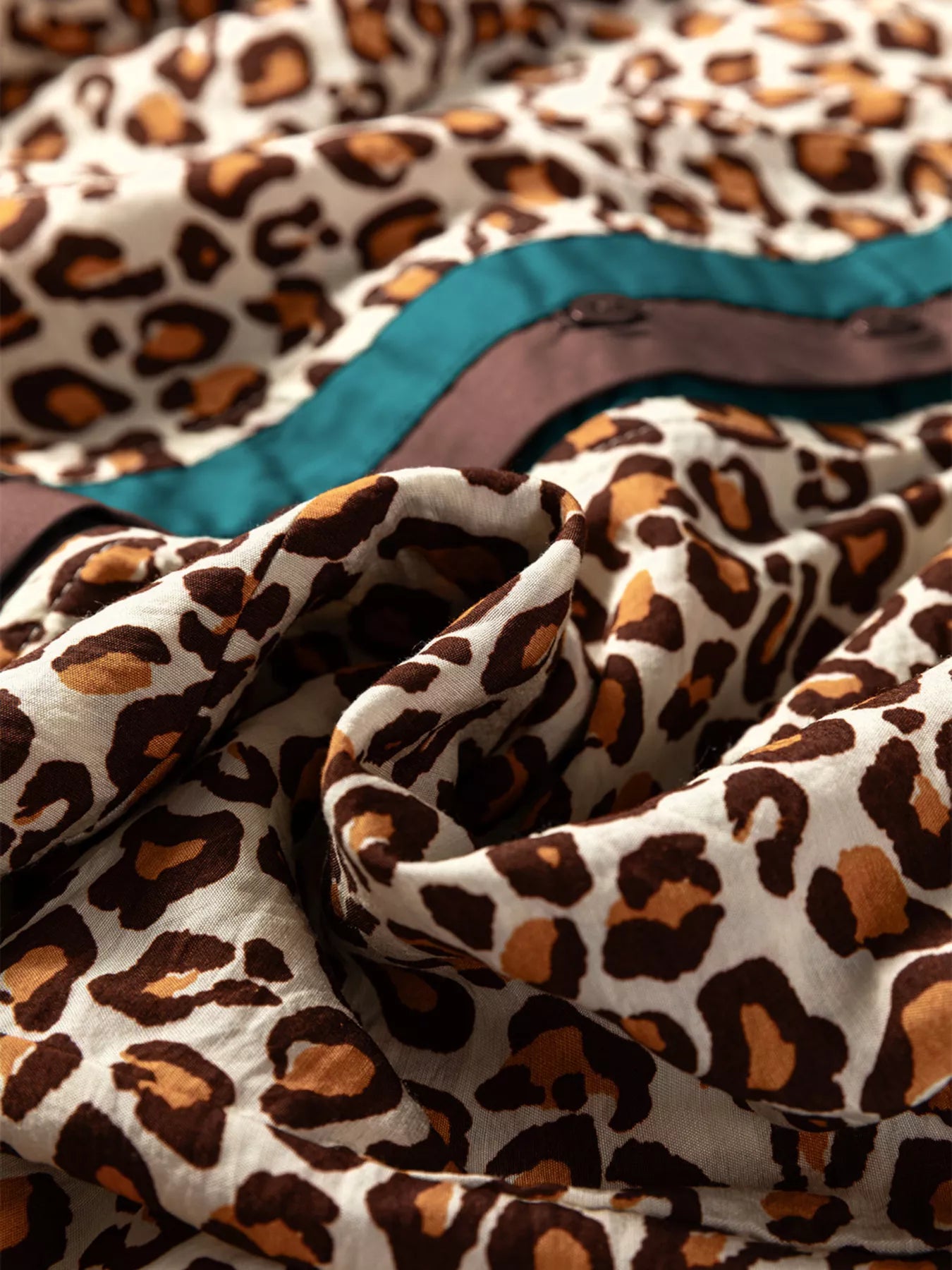 Leopard Print Contrast Frilled Trim Button Down V Neck Shirt OutfitFlow