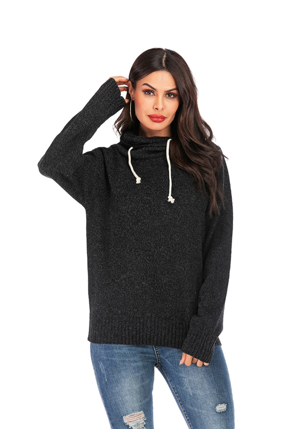 Outfit Flow - Drawstring Mock Neck Long Sleeve Sweater