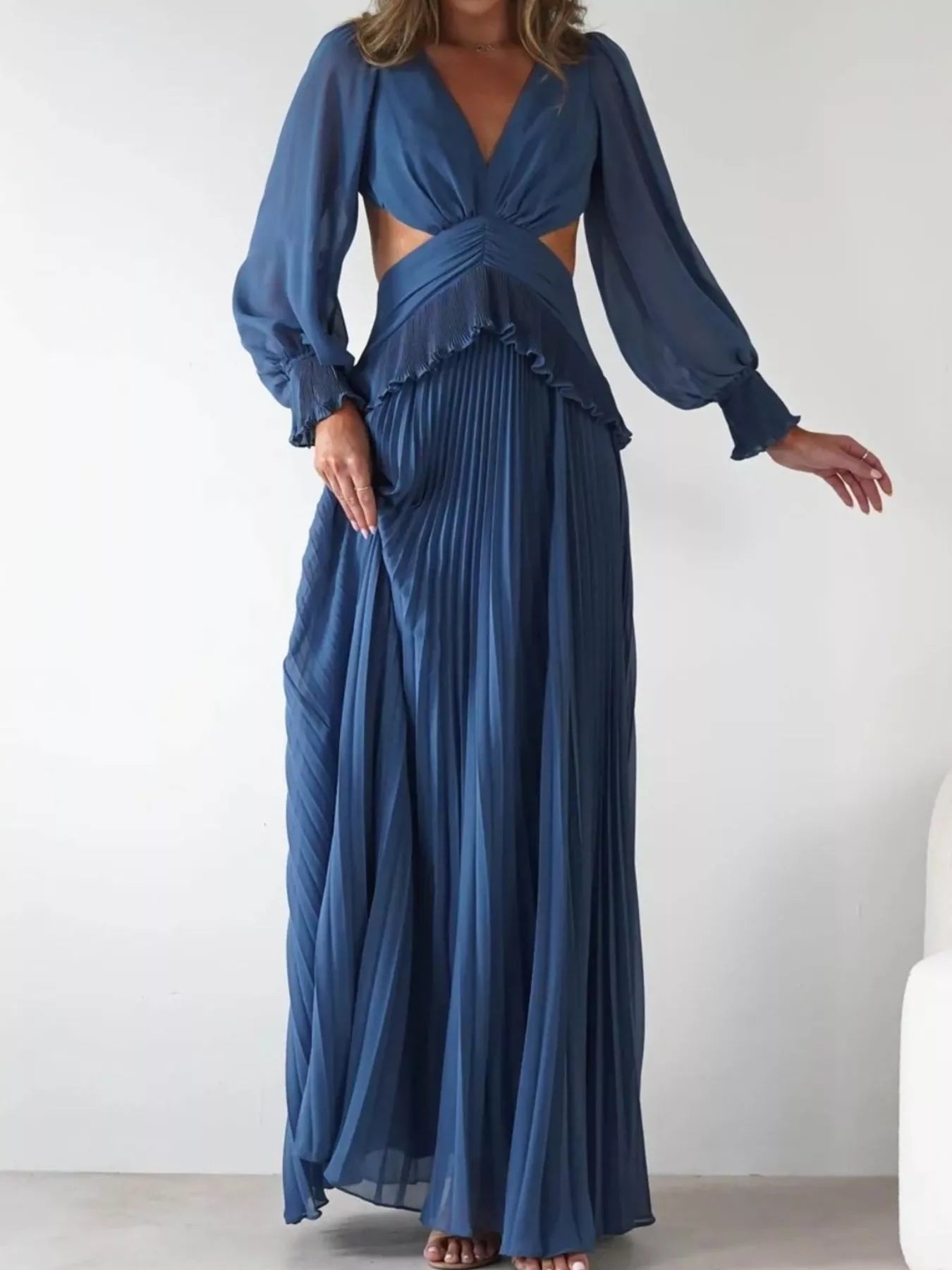 Backless Pleated Long Sleeve Maxi Dress OutfitFlow