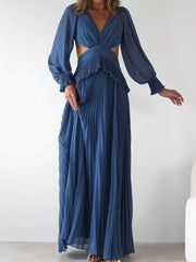 Backless Pleated Long Sleeve Maxi Dress OutfitFlow