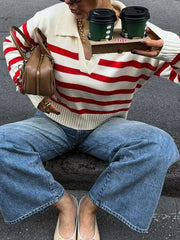 Striped Knit Polo Collar Sweater OutfitFlow