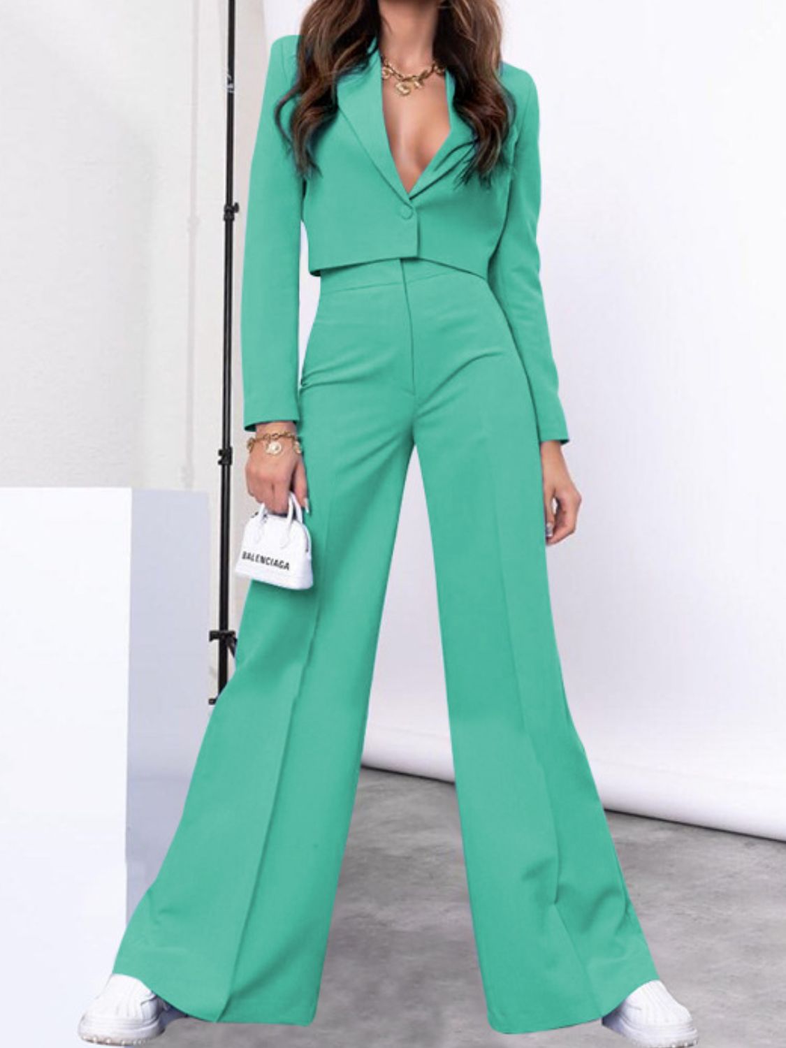 Outfit Flow - Lapel Collar Cropped Top and Wide Leg Pants Set