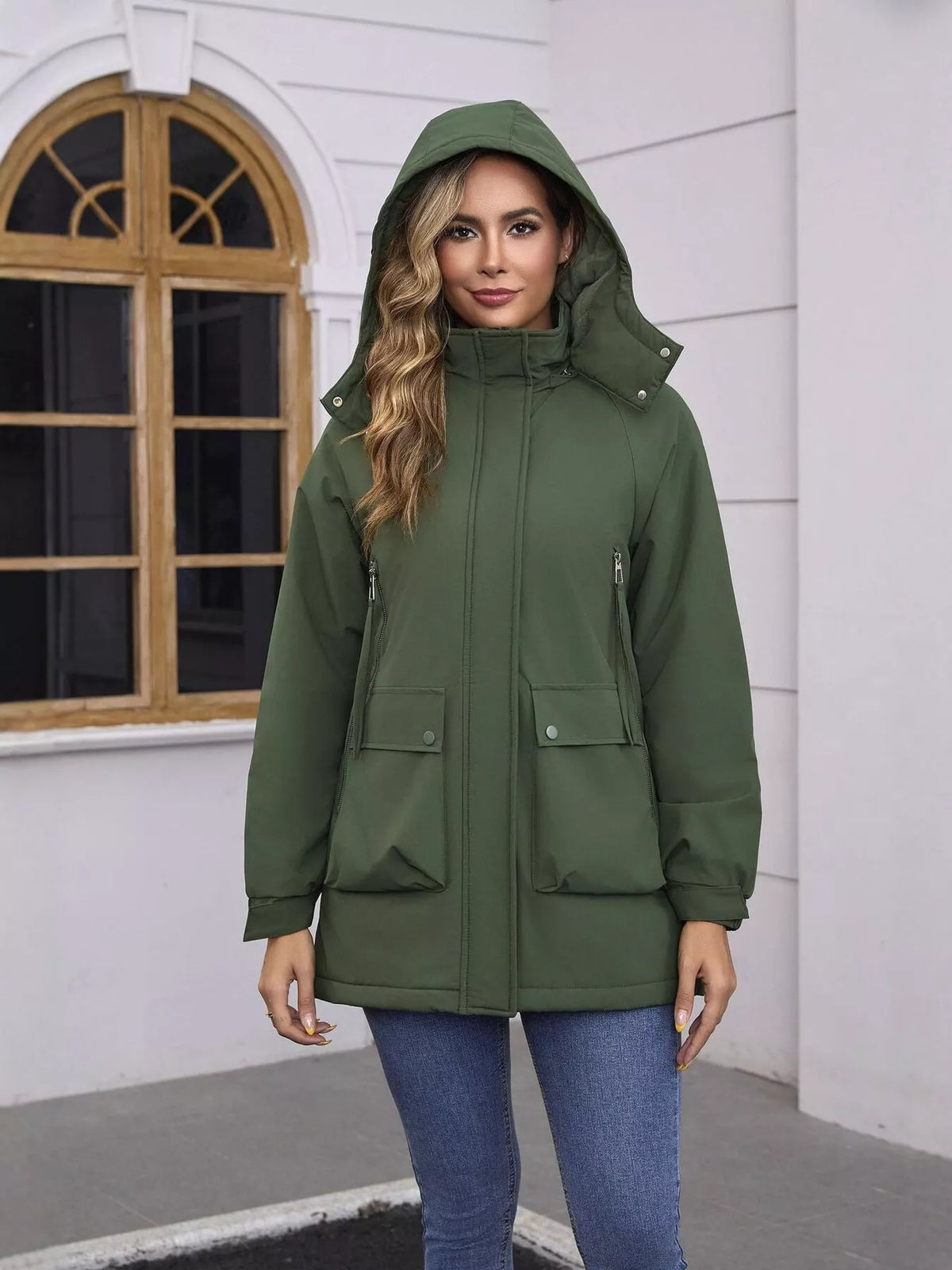 Full Size Zip Up Hooded Parka Outerwear Plus Size Army Green OutfitFlow