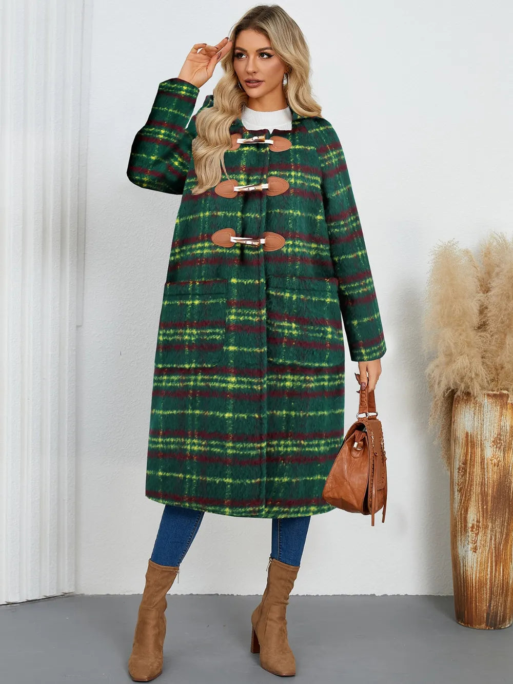 Plaid Long Sleeve Hooded Coat with Pockets OutfitFlow