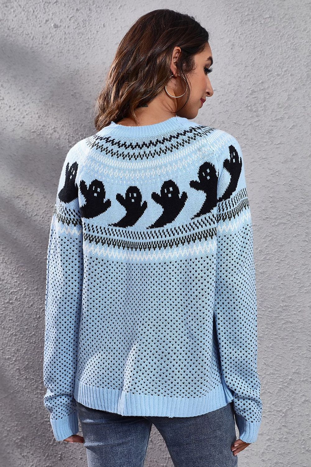 Ghost Pattern Round Neck Long Sleeve Sweater OutfitFlow