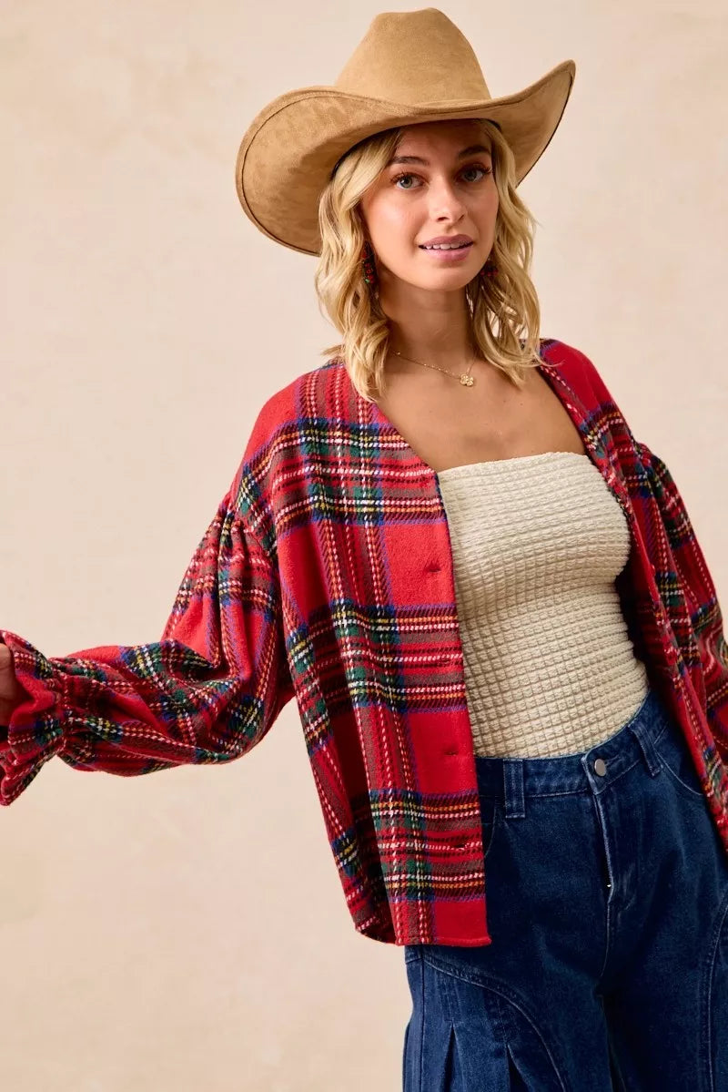 BiBi Christmas Plaid V-Neck Flounce Sleeve Jacket Trendsi