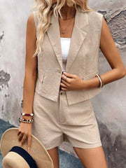 One Button Sleeveless Top and Shorts Set OutfitFlow