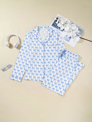 Bow Print Long Sleeve Shirt and Pants Pajama Set OutfitFlow