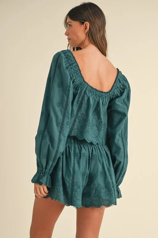 MABLE Embroidered Scalloped Lace Top and Short Set OutfitFlow
