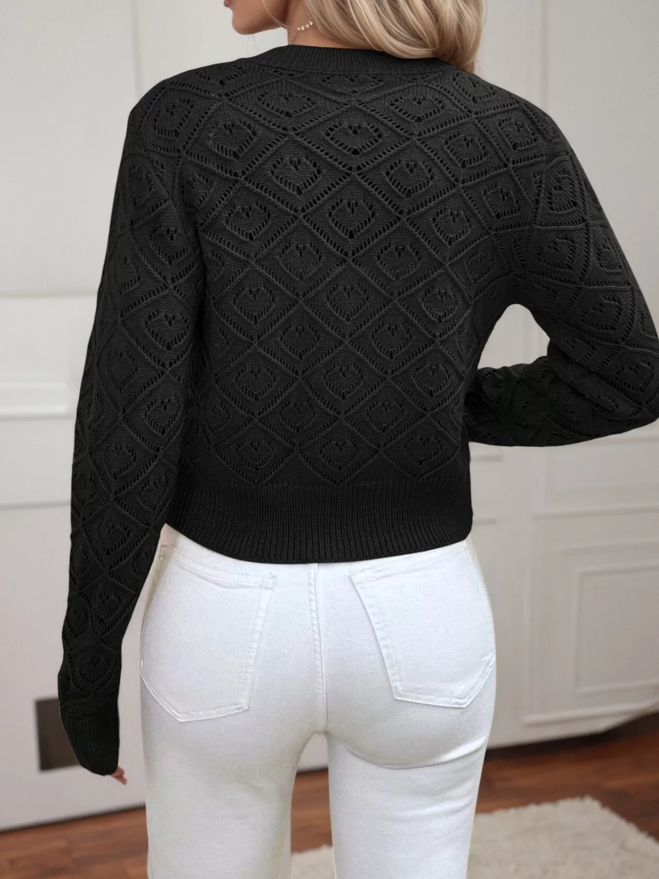 Openwork Button Up Long Sleeve Cardigan OutfitFlow