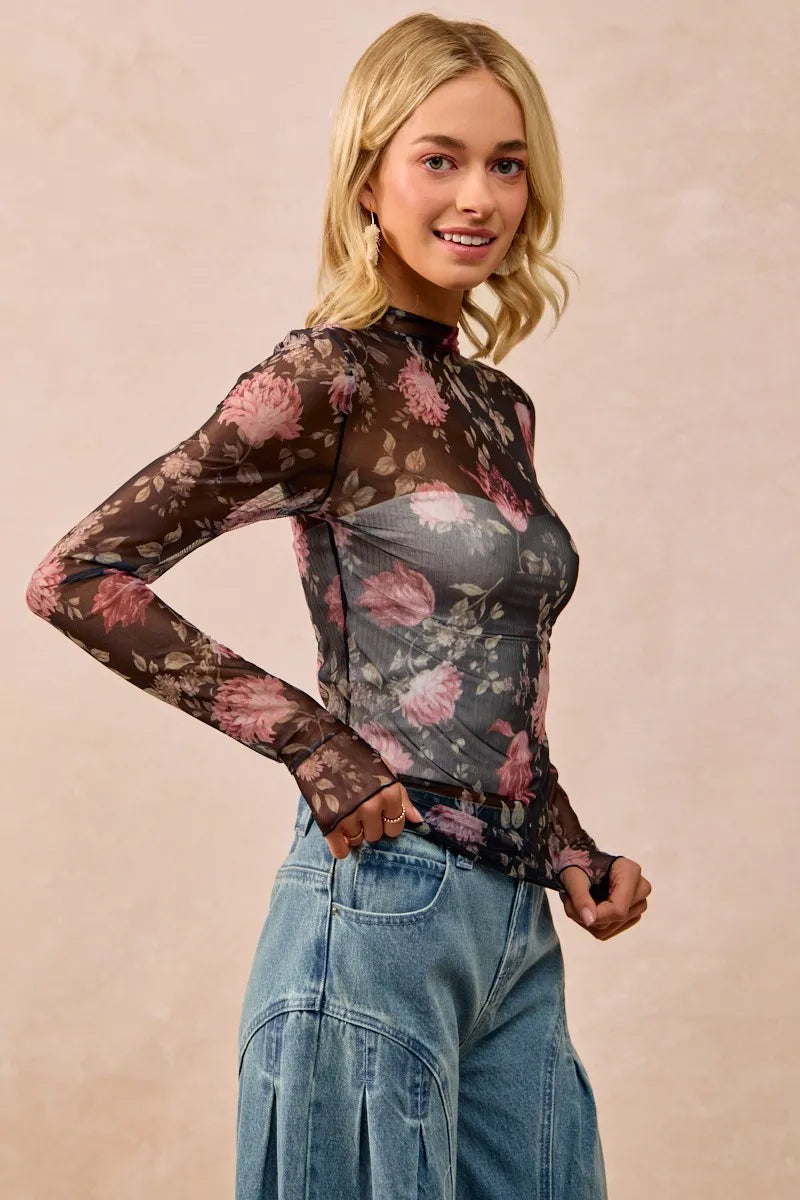 BiBi Flower Printed Mesh Lace Top with Thumb Opening OutfitFlow