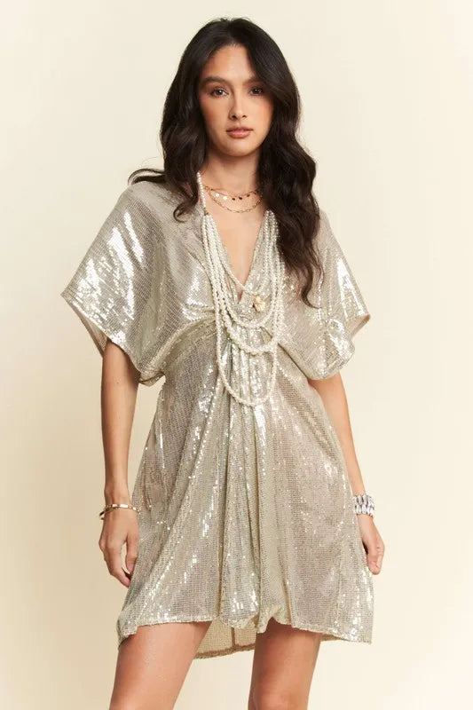 Davi & Dani Sequin Plunge Neck Knot Cut Out Tie Back Party Dress Natural OutfitFlow